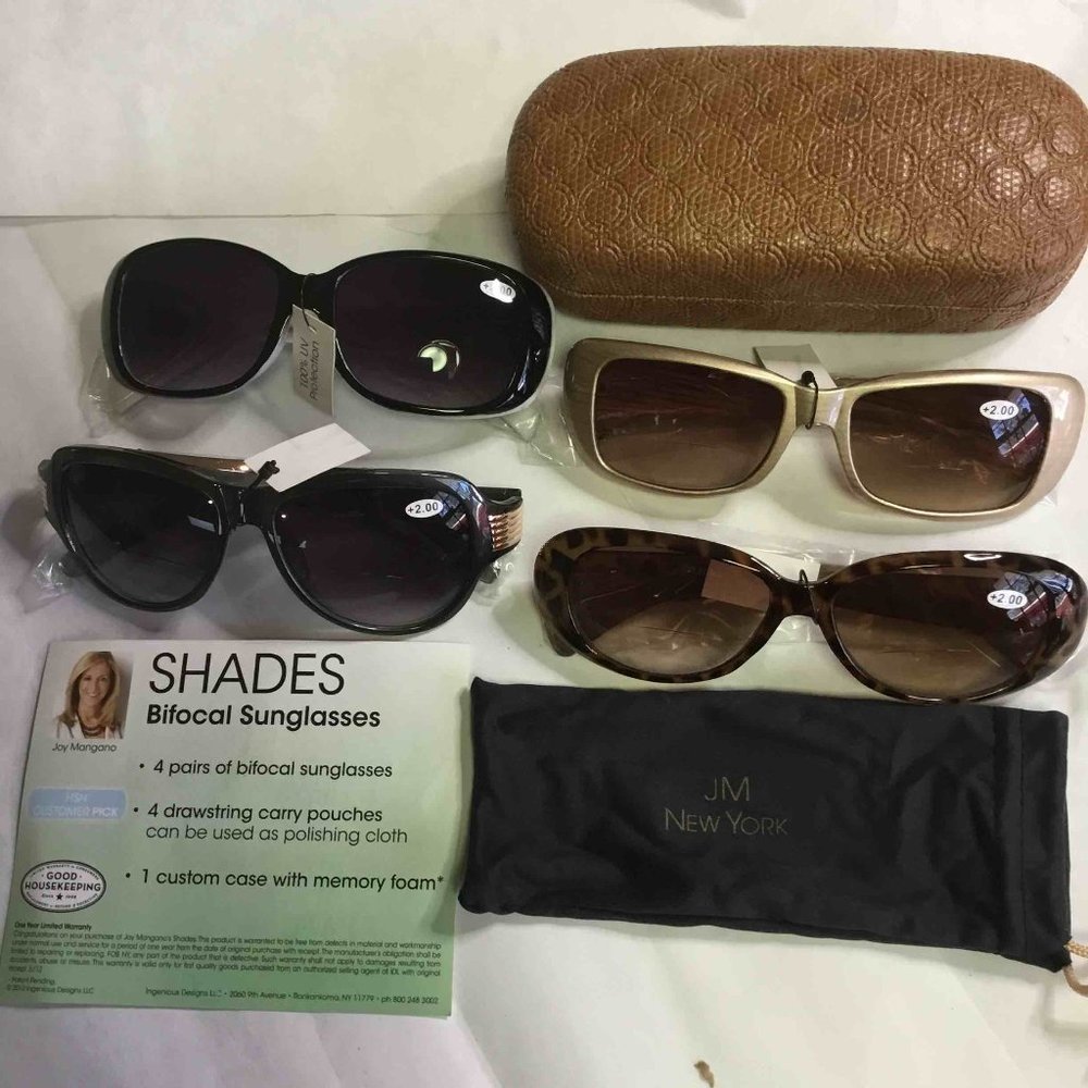Joy Mangano Women's Bifocal Sunglasses. New. 4 pair with case. 2.0